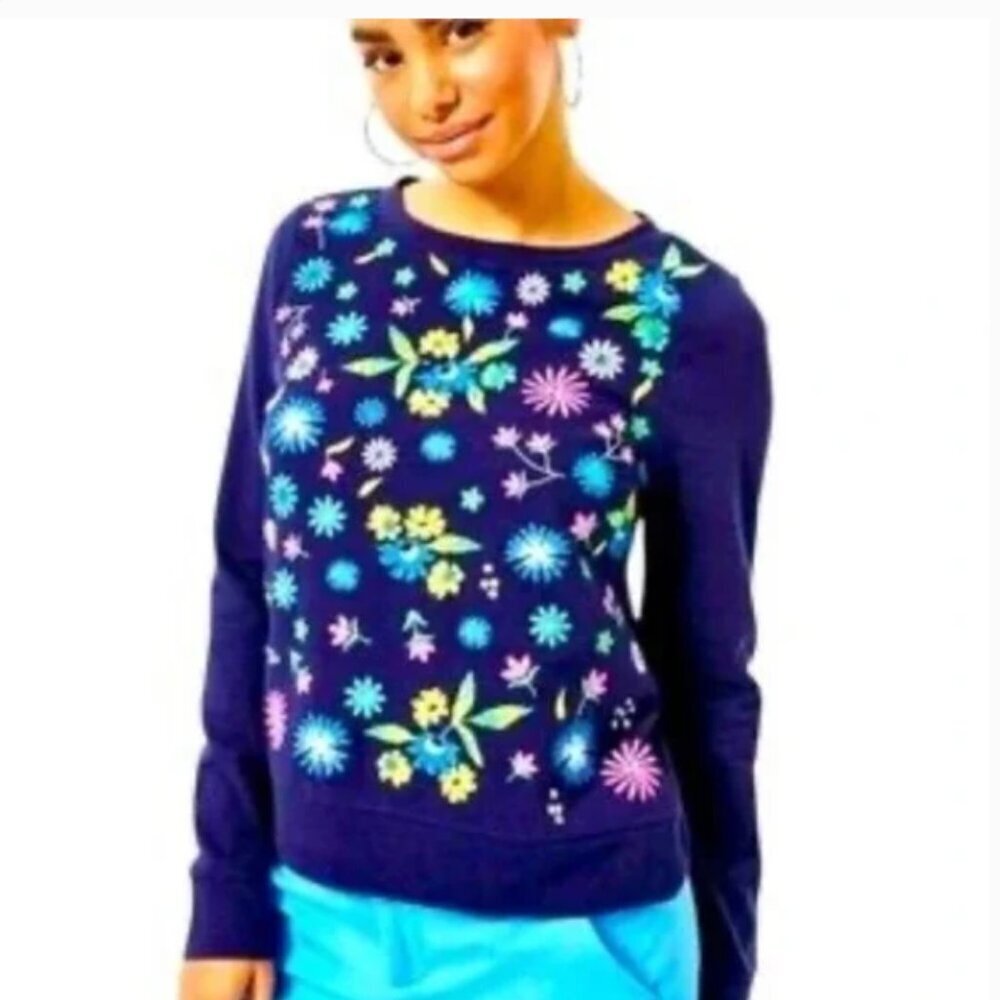 Lilly Pulitzer Rami Floral Embroidered Sweatshirt Sz Smal - Picture 3 of 11